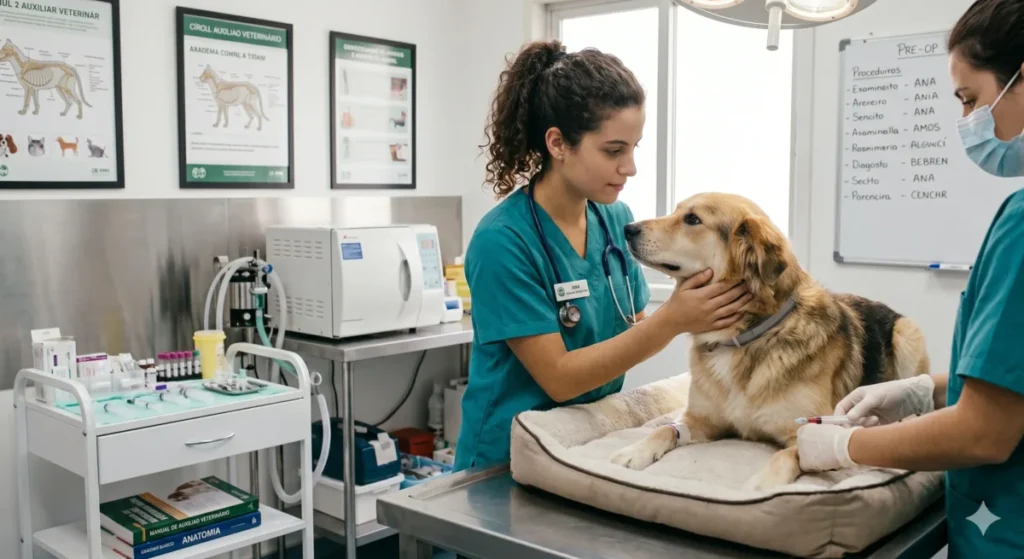 auxiliar veterinário cuidando de cachorro em clínica