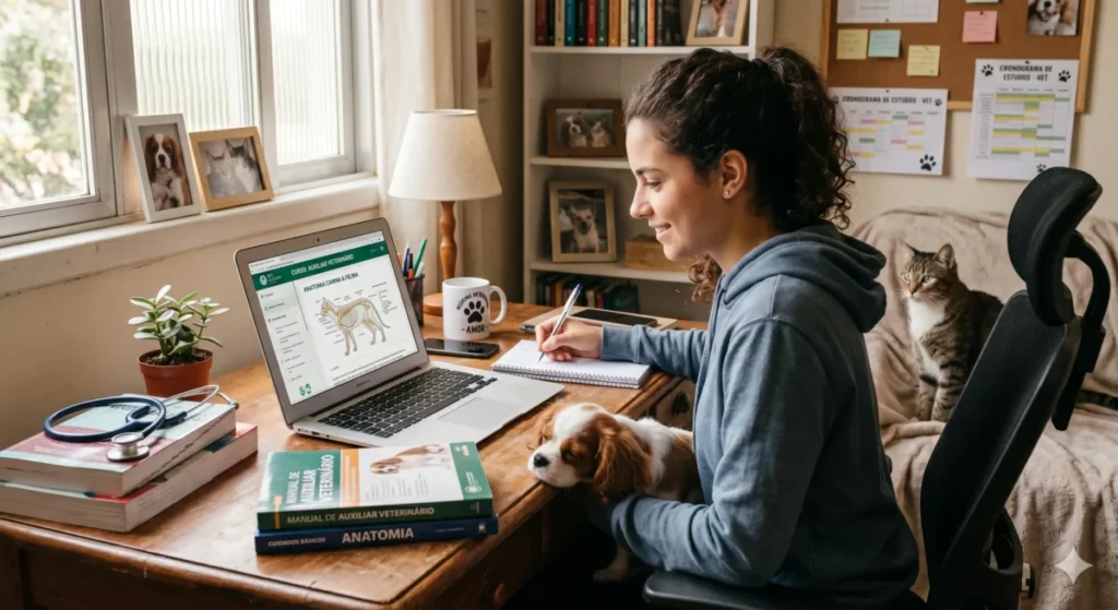Pessoa estudando curso de auxiliar veterinário em notebook, com elementos visuais de pets (cachorro/gato), transmitindo aprendizado e cuidado animal.
