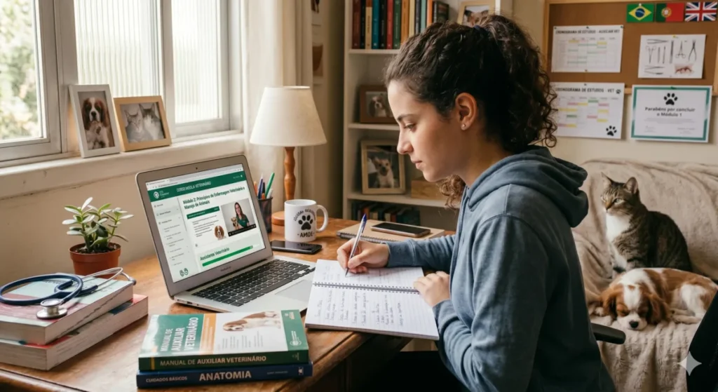 estudante fazendo curso auxiliar veterinário online no computador